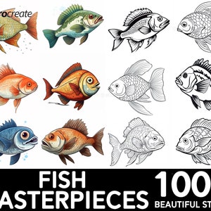 May include: A set of 100+ colorful and black and white fish illustrations. The illustrations are perfect for creating digital stamps, scrapbooking, and other craft projects. The text "FISH MASTERPIECES 100+ BEAUTIFUL STAMPS" is at the bottom of the image.