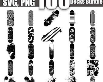 May include: A set of 100 black and white skateboard deck designs. The designs include geometric patterns, animals, cityscapes, and abstract art.