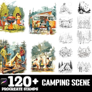 150+ Camping Scene Procreate Brush Set | Stamps For Procreate | Instant Digital Download