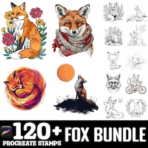 Peut inclure: Un téléchargement numérique de plus de 120 tampons Procreate sur le thème du renard. L'image montre une variété d'illustrations de renards, notamment un renard roux avec une écharpe, un renard enroulé et un renard hurlant à la lune.