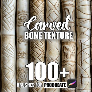 Puede incluir: Un conjunto de más de 100 pinceles de Procreate con texturas de hueso tallado. Los pinceles están diseñados para crear texturas de hueso realistas para arte digital e ilustraciones. La imagen muestra una variedad de texturas de hueso, incluidos patrones y diseños intrincados.