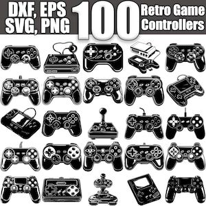 May include: A collection of 100 black and white retro game controllers. The controllers are in various styles, including classic joystick, handheld, and console controllers.