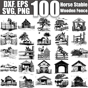 May include: A black and white digital illustration set of 100 horse stable and wooden fence designs. The designs include horses, barns, fences, and other farm elements.