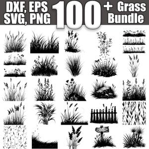 Puede incluir: Una colección de más de 100 imágenes en silueta en blanco y negro de hierba, malas hierbas y otros follajes. Las imágenes son de varios estilos y tamaños, y serían geniales para proyectos de manualidades, scrapbooking o diseño digital.
