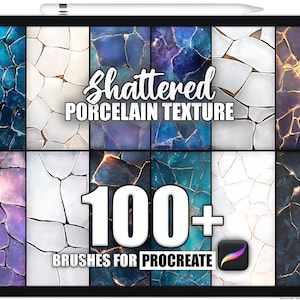 Puede incluir: Una tableta digital muestra una colección de texturas tipo mosaico en varios colores, incluyendo azul, blanco y morado. El texto "Shattered Porcelain Texture" y "100+ Brushes for Procreate" se superponen a la imagen, junto con el logotipo de la aplicación Procreate.