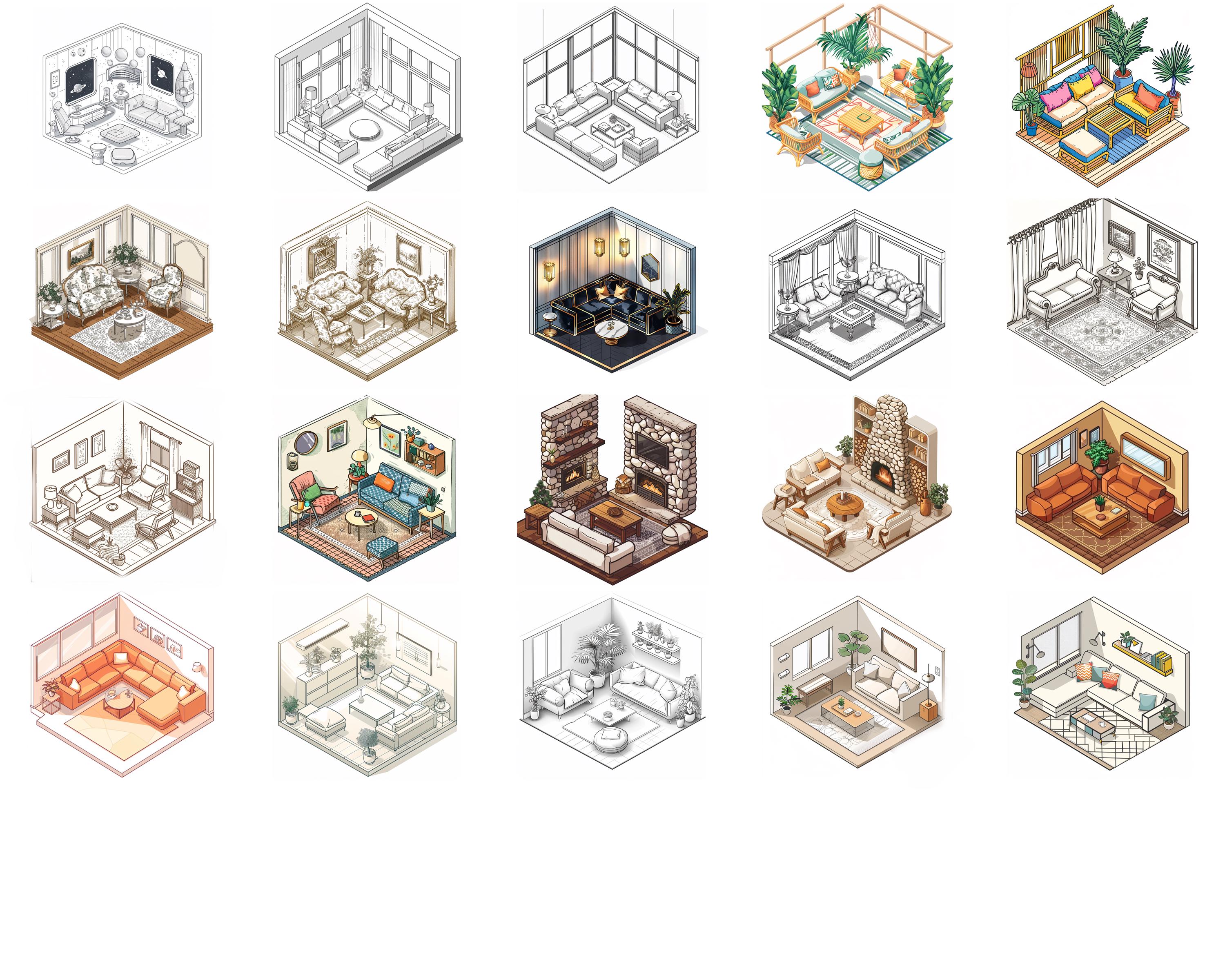 100+ Isometric Living Room Procreate Brush Set | Procreate Stamp ...