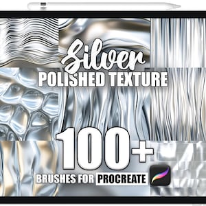 May include: A digital illustration of a tablet screen displaying a set of 100+ silver polished texture brushes for Procreate. The image shows various silver textures, including wavy, rippled, and smooth surfaces.