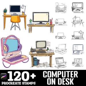 May include: A set of 120+ Procreate stamps featuring various illustrations of computers on desks. The stamps are in a hand-drawn style and include different computer models, desks, and accessories.