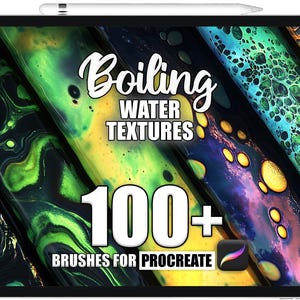 Puede incluir: Una tableta digital muestra "Boiling Water Textures" abstractas y coloridas con el texto "100+ Brushes for Procreate". La imagen presenta patrones arremolinados verdes, amarillos y azules, sugiriendo un producto de arte digital.
