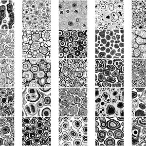 K&ouml;nnte beinhalten: Eine Sammlung von 25 Schwarzwei&szlig;-Digitalillustrationen mit abstrakten Mustern aus wirbelnden Kreisen und organischen Formen.