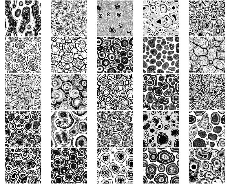 K&ouml;nnte beinhalten: Eine Sammlung von 25 Schwarzwei&szlig;-Digitalillustrationen mit abstrakten Mustern aus wirbelnden Kreisen und organischen Formen.