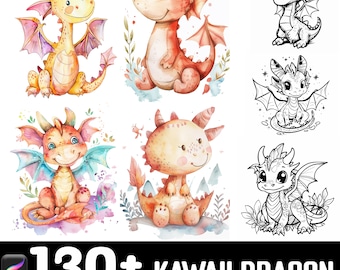 Juego de 130 pinceles de dragón kawaii para Procreate / Sellos para Procreate / Descarga digital instantánea