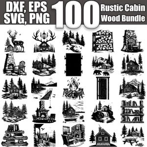 Op de afbeelding: Een set van 100 zwart-witte digitale bestanden in SVG, DXF, EPS en PNG-formaat voor een rustieke houten huttenbundel. De afbeeldingen tonen hutten, open haarden, houtstapels en andere rustieke elementen.