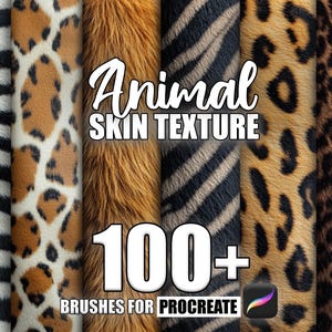 Puede incluir: Una ilustración digital de texturas de piel de animales, incluyendo cebra, leopardo, jirafa y guepardo. La imagen incluye el texto "Animal Skin Texture 100+ Brushes for Procreate".