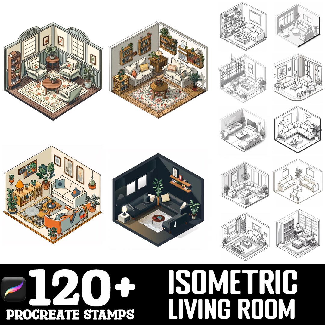 100+ Isometric Living Room Procreate Brush Set | Procreate Stamp ...