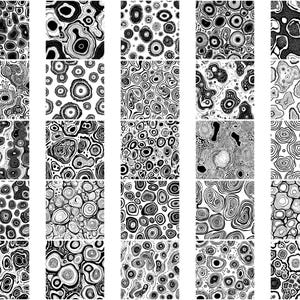 K&ouml;nnte beinhalten: Eine Sammlung von 24 Schwarzwei&szlig;-Digitalillustrationen mit abstrakten Mustern aus wirbelnden Kreisen und Linien. Die Muster erinnern an nat&uuml;rliche Texturen wie Holzmaserung oder Marmor.