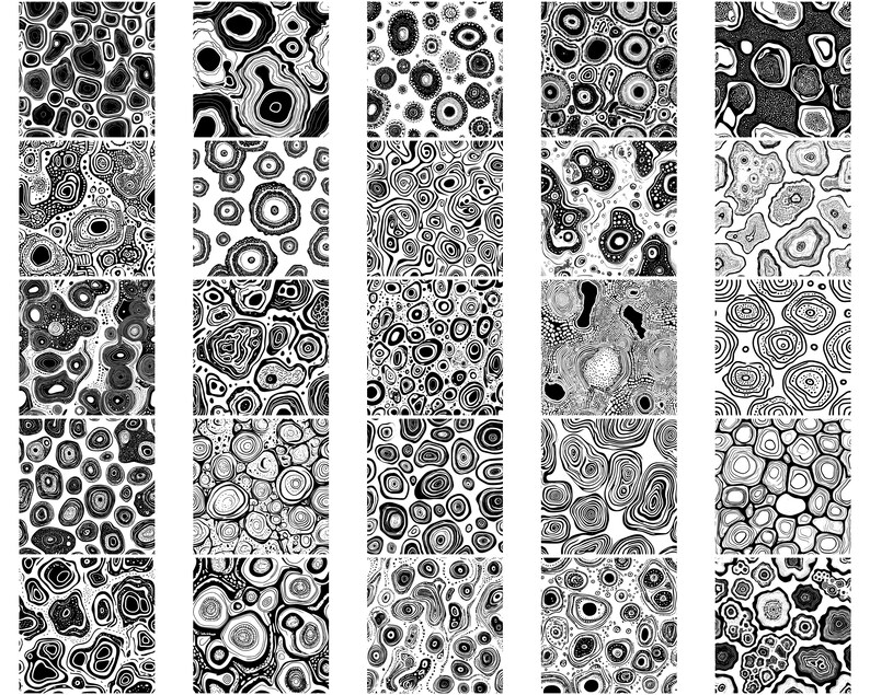 K&ouml;nnte beinhalten: Eine Sammlung von 24 Schwarzwei&szlig;-Digitalillustrationen mit abstrakten Mustern aus wirbelnden Kreisen und Linien. Die Muster erinnern an nat&uuml;rliche Texturen wie Holzmaserung oder Marmor.