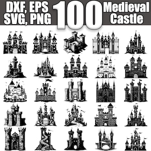 Pode incluir: Uma coleção de 100 imagens em silhueta em preto e branco de castelos medievais. As imagens são de vários estilos e designs, incluindo torres, portões e muros.  DXF, EPS, SVG, PNG.