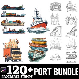 May include: A set of 120+ Procreate stamps featuring illustrations of a port, including ships, boats, buildings, and people. The stamps are perfect for creating digital art and designs.