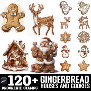 May include: A set of 120+ gingerbread house and cookie Procreate stamps. The stamps feature a variety of designs, including gingerbread houses, reindeer, snowmen, Santa Claus, and snowflakes. The stamps are perfect for creating festive digital art.