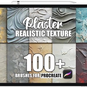 May include: A digital tablet screen displaying a collection of 100+ realistic plaster textures for Procreate. The textures are displayed in a grid format, with each texture showing a different type of plaster finish. The text "Plaster Realistic Texture" and "100+ Brushes for Procreate" are displayed on the screen.