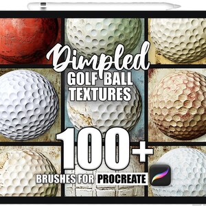 Op de afbeelding: Een digitale kunstpresentatie met verschillende golfbaltexturen. De afbeelding toont een verzameling golfballen met putjes in diverse kleuren en condities, met de tekst "Dimpled Golf Ball Textures" en "100+ Brushes for Procreate".