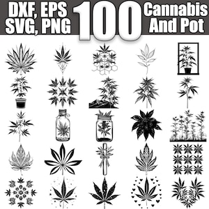 Peut inclure: Image numérique en noir et blanc présentant 100 motifs sur le thème du cannabis et du pot. Comprend diverses illustrations de feuilles de cannabis, de plantes et d'images connexes. Le texte en haut indique "DXF, EPS, SVG, PNG".