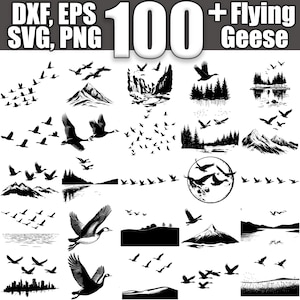 May include: Black and white silhouette illustrations of flying geese in various formations. The illustrations are set against different backgrounds, including mountains, rivers, and forests. The text "100+ Flying Geese" is displayed at the top of the image.