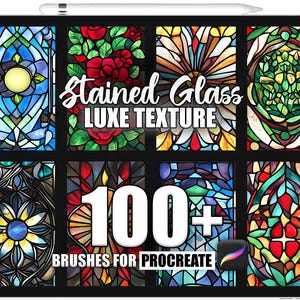 Puede incluir: Una ilustración digital de más de 100 pinceles de vidrio tintado para Procreate. La imagen muestra una variedad de patrones de vidrio tintado coloridos, incluidos diseños florales, geométricos y abstractos. El texto "Stained Glass Luxe Texture" se muestra sobre los pinceles.