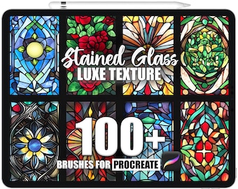 Op de afbeelding: Een digitale illustratie van meer dan 100 gebrandschilderd glasborstels voor Procreate. De afbeelding toont een verscheidenheid aan kleurrijke gebrandschilderd glaspatronen, waaronder bloemmotieven, geometrische en abstracte ontwerpen. De tekst "Stained Glass Luxe Texture" wordt boven de borstels weergegeven.