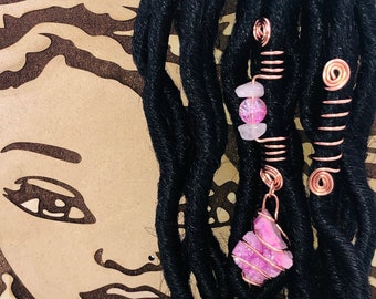 2pc Copper Loc jewelry, Hair accessories, Rose quartz rock, Loc jewelry set, Dreadloc accessories, Hair Jewelry