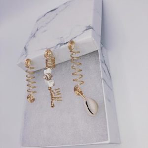 Gold 3pc Loc Jewelry, Cowrie Shell Jewelry, Dreadloc Accessories, Loc Jewelry Set, Hair Jewelry