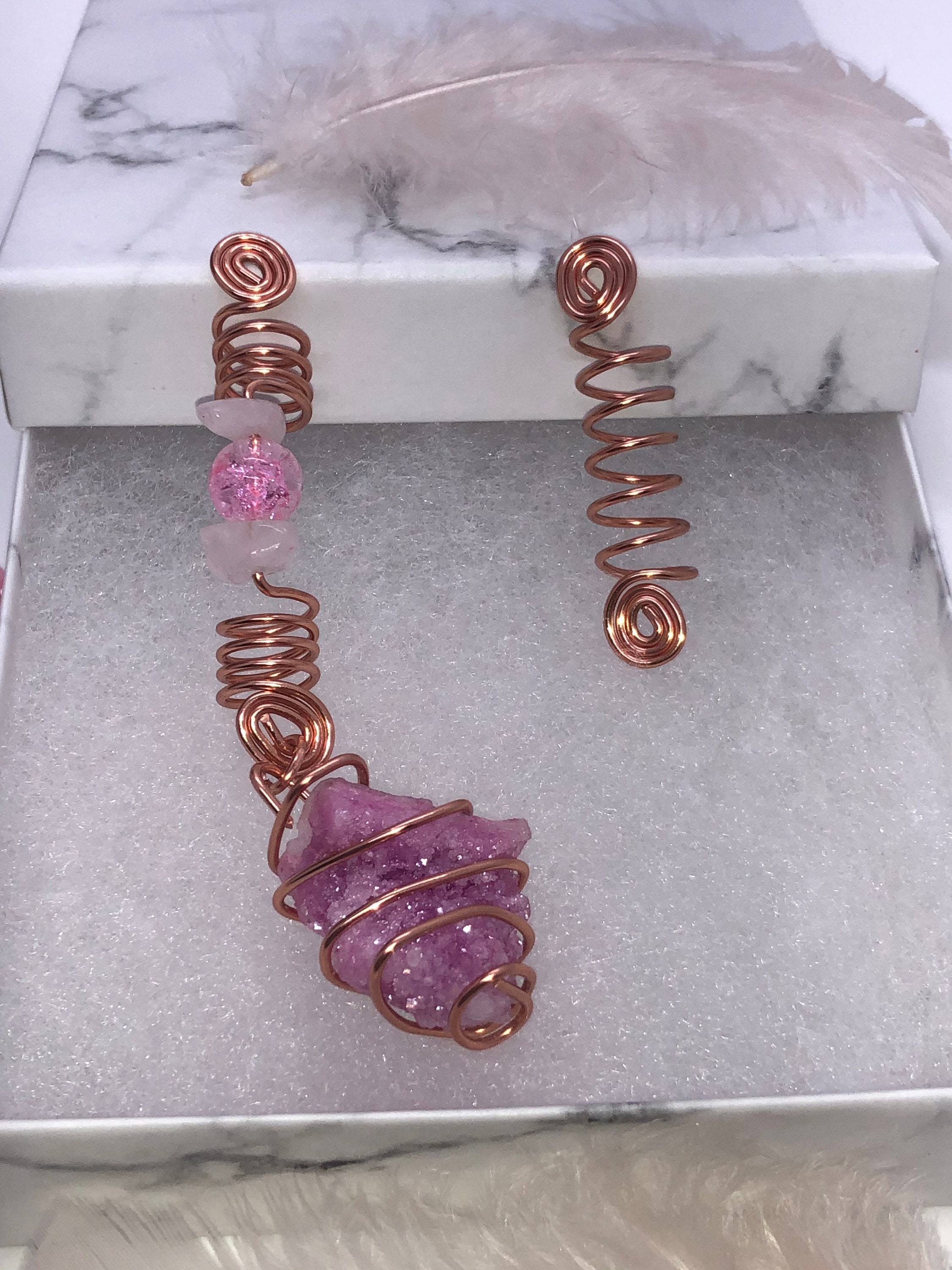 2pc Copper Loc Jewelry, Hair Accessories, Rose Quartz Rock, Loc