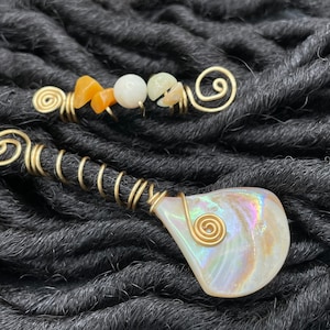 Gold 2 Stk Lok Schmuck, Lok Schmuck, Haarschmuck, Naturstein, Dreadlock Schmuck, Muschel Schmuck