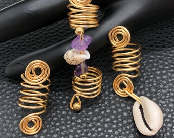 Gold Coil Loc Jewelry Set, Cowrie Shell, Hair Accessories