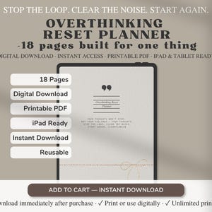 Puede incluir: Descarga digital de un Planificador de Restablecimiento del Exceso de Pensamiento con 18 páginas. La imagen muestra una tableta con la portada del planificador y una lista de características: descarga digital, PDF imprimible, listo para iPad y descarga instantánea.