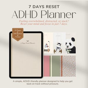 Może przedstawiać: Cyfrowy planer ADHD z tekstem "7 DAYS RESET ADHD Planner". Planer zawiera 24 strony, 109 naklejek i 7 okładek. Obrazek przedstawia również ilustracje kota, pandy i innych wzorów.