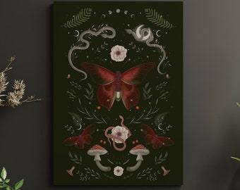 Dark Botanical Art Print – Mystic Moth, Snake, Mushroom Cottagecore Decor