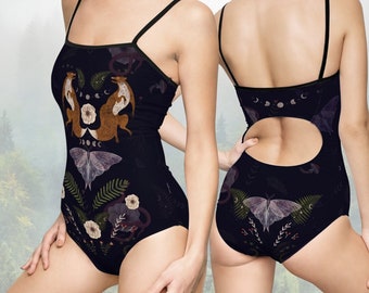 Night Dwellers Swimsuit | Witchy retro one-piece swim wear | Boho witchy gothic fox moon phases moths bathing suit | Adult womens beach wear