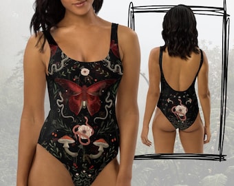 Mystic Forest One-Piece Swimsuit – Witchy Moth & Snake Cottagecore