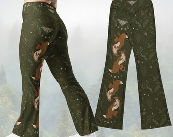 Nachtbewohner, ausgestellte Leggings mit weitem Bein | Boho Gothic Fuchs Mond Motten Phase Yogahose mit hoher Taille | Witchy Retro Plus Size Jogginghose 2XS-6XL