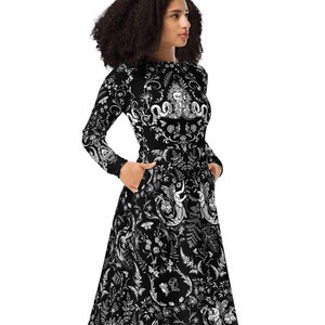 Forest Fairies Long Sleeve Midi Dress | Witchy Dress with Pockets | Bohemian, cottagecore, gothic, skulls and moths | Plus size 2XS-6X