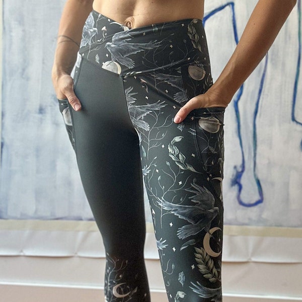 Crow & Moon Pocket Leggings | Witchy High Waisted Yoga Pants