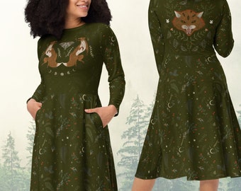 Night Dwellers - Taschenkleid | Boho dunkel Academia/cottagecore gothic witchy Halloween Kleidung | Dunkelgrünes Übergrößenkleid 2XS-6X