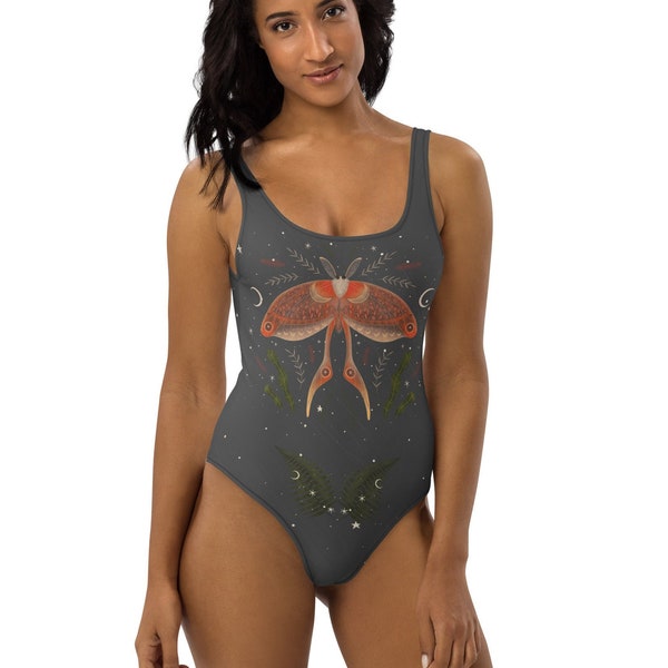 Look Within One-Piece Swimsuit | Mushroom, witchy, goth, celestial boho cheeky swimwear | Moth & crow sleeveless bodysuit