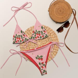 Strawberry Bees String Bikini | Cute Aesthetic Girl y2k Coquette Recycled Swimwear Plus Size 2XS-6XL | Bachelorette Party Girls Trip Gift