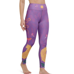Purple Preppy Cheetah Leopard Yoga Leggings | High Waisted Floral Cottagecore Boho Hippie Retro Festival Pants | Snake Moth Designer Legging