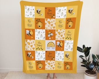 Bee Blanket | Be Brave - Be Happy - Be Kind | Soft Minky Faux Quilt