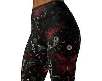Mystic Forest - (asymmetrical) Yoga Leggings | Cottagecore moths & mushrooms high waisted yoga pants | Forest goddess printed leggings