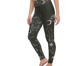Crow and Moon Yoga Leggings | Witchy Gothic High Waisted Pants